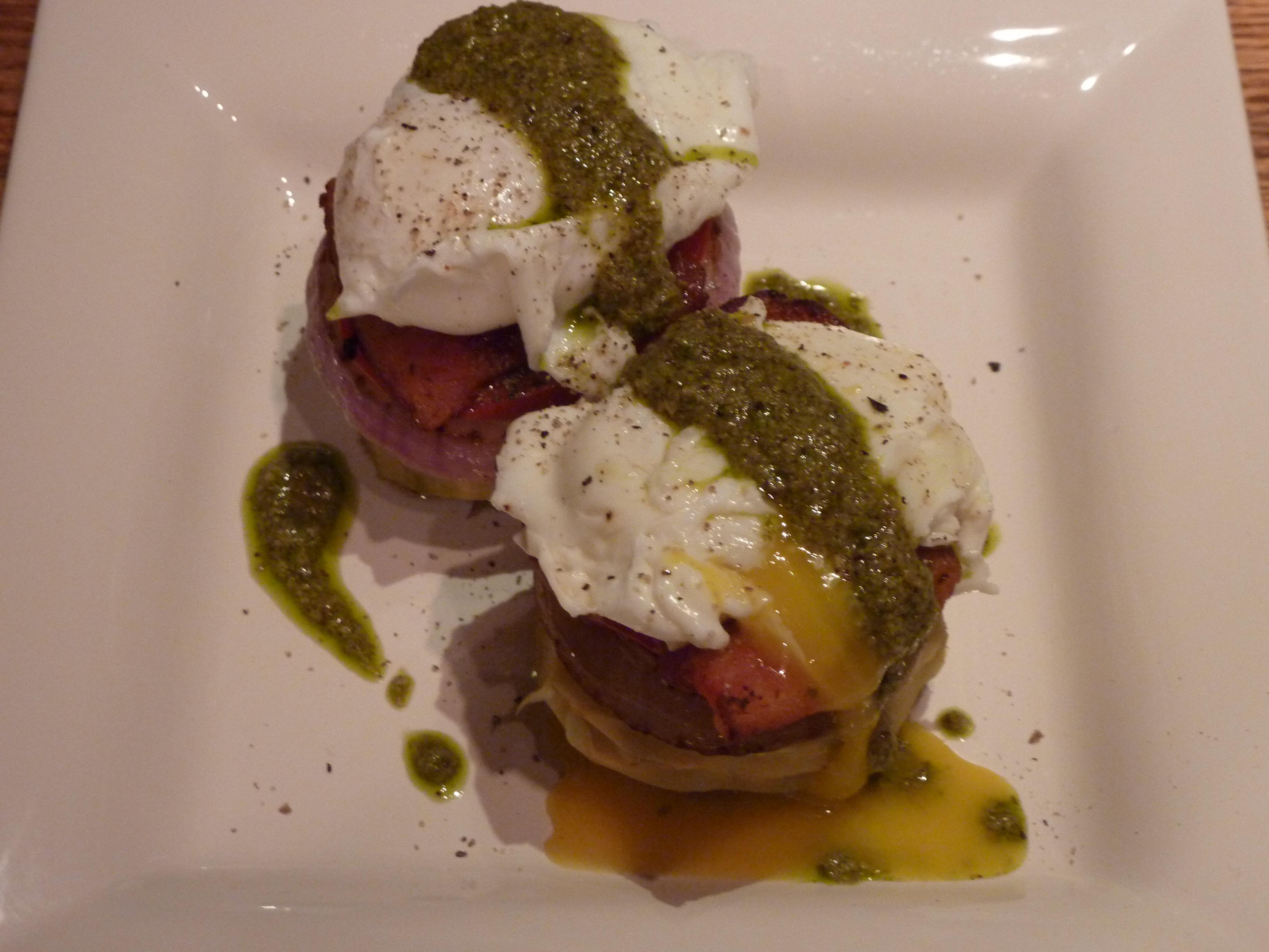 Eggs Benedict on Artichoke Bottoms with Watercress Pesto
