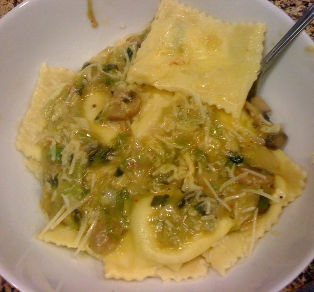 Goat Cheese Ravioli with Mushroom Leek Gravy