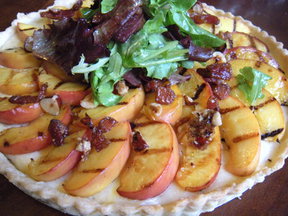 Grilled Peach Tart with Gouda, and Candied Bacon and Hazelnuts
