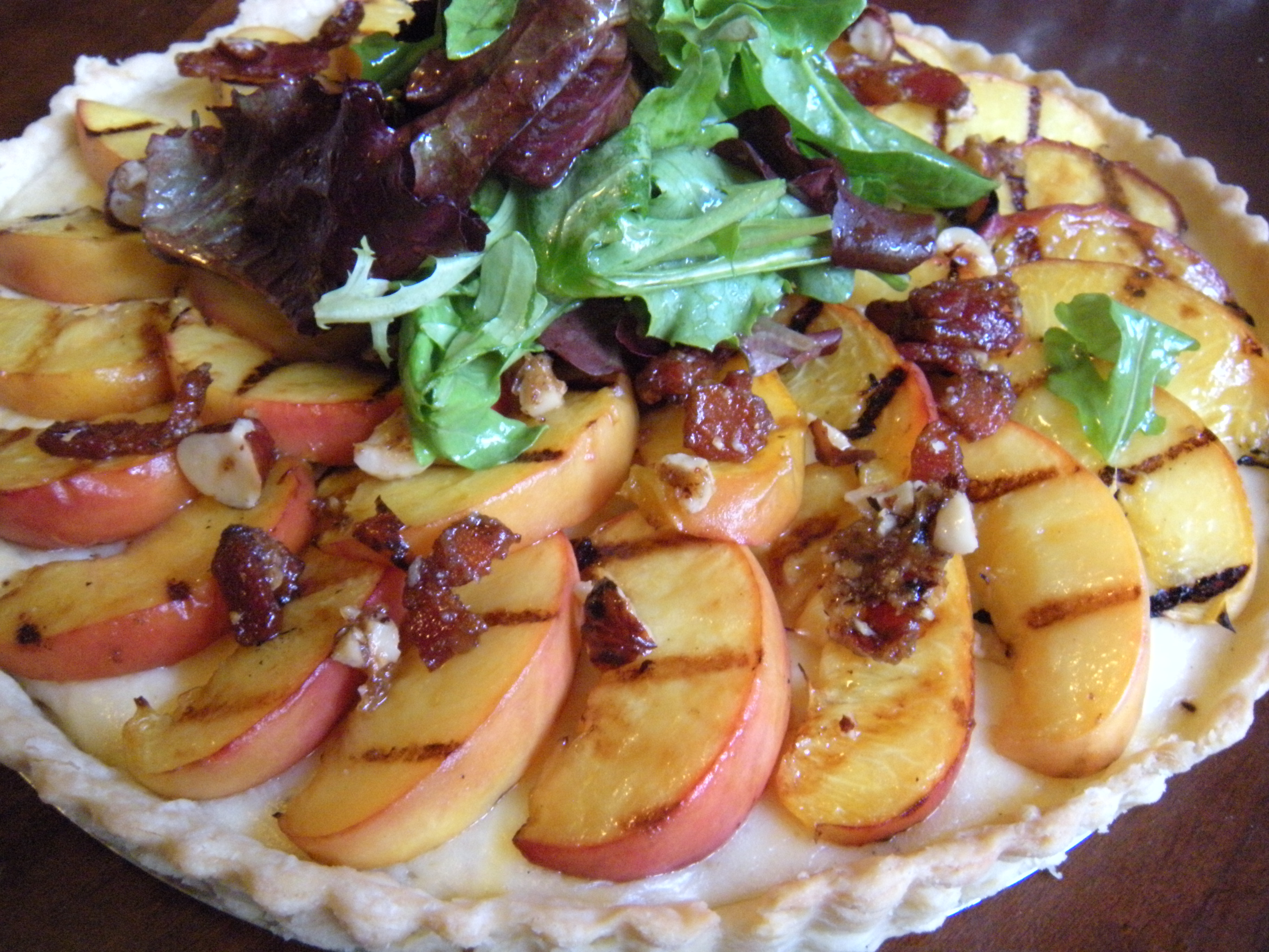 Grilled Peach Tart with Gouda, and Candied Bacon and Hazelnuts