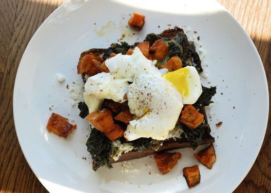 Sautéed Kale, Roasted Sweet Potato and Poached Egg Holiday Toast