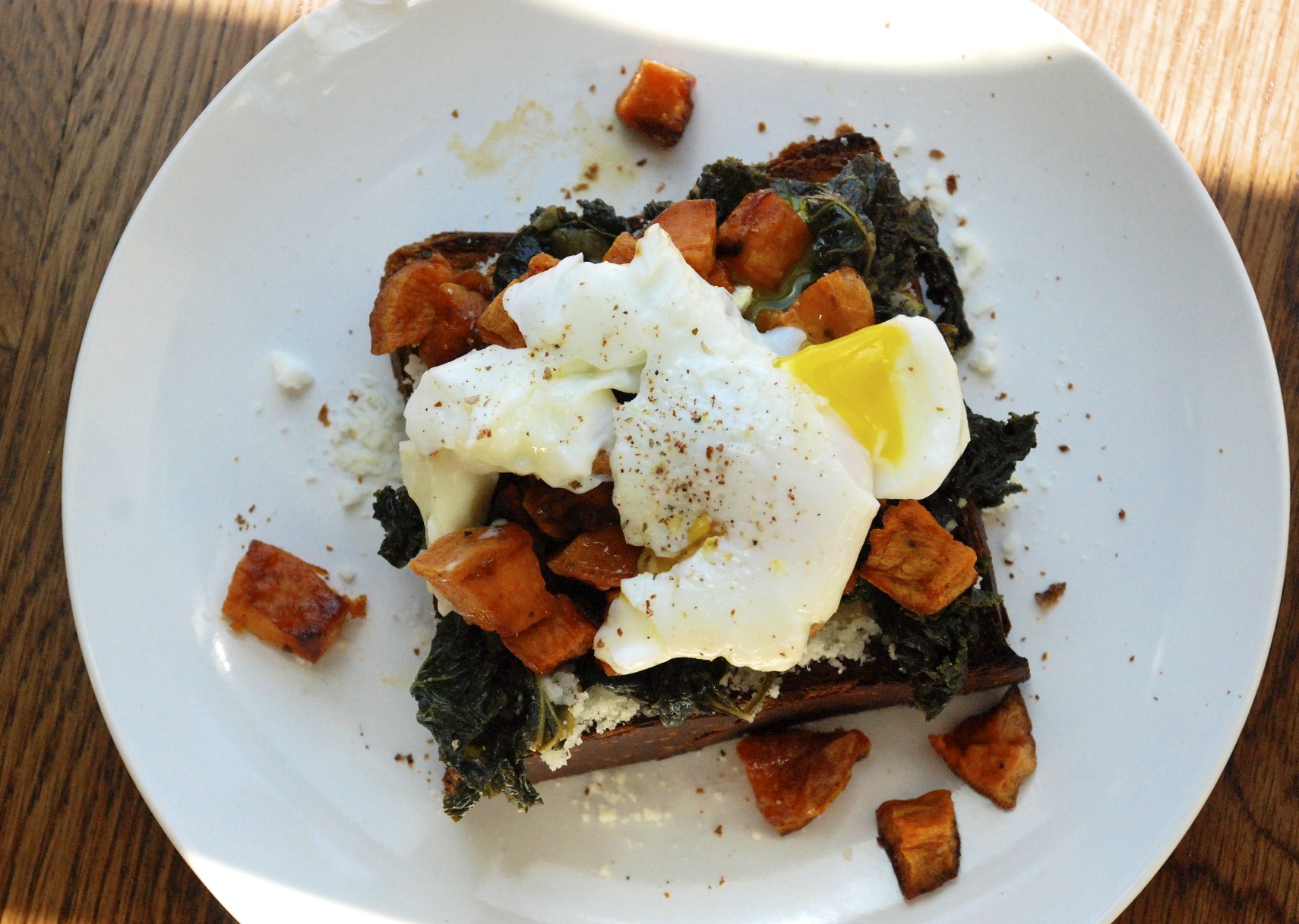 Sautéed Kale, Roasted Sweet Potato and Poached Egg Holiday Toast