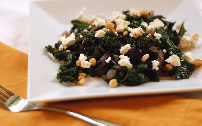 Sauteed greens w/caramelized onions, prunes & goat cheese