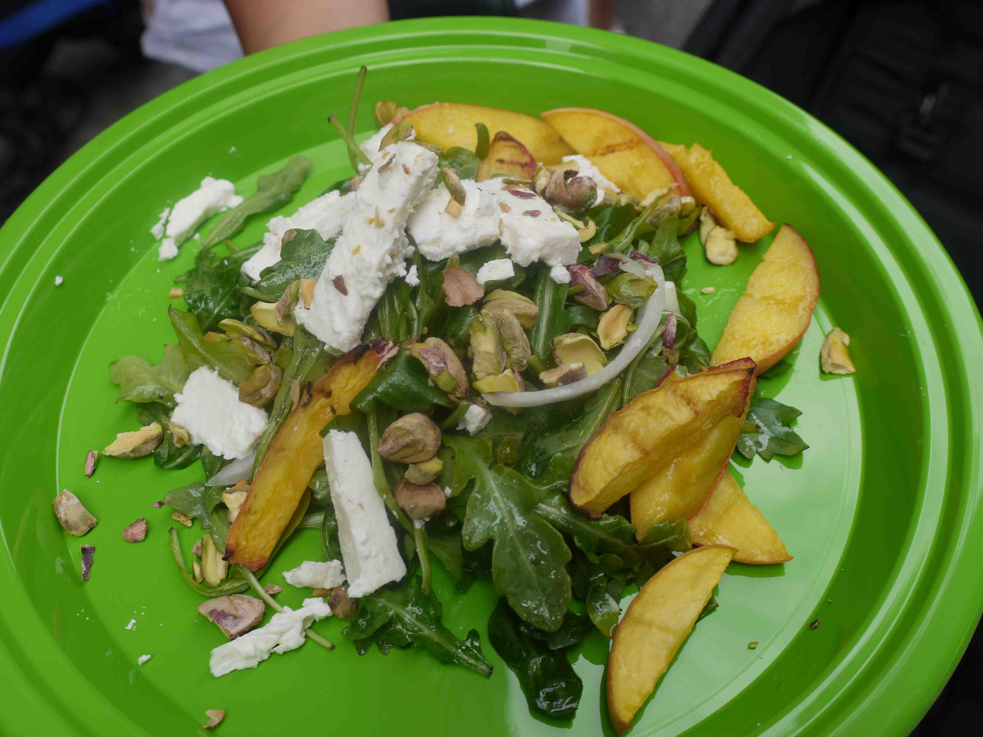 Grilled Peach, Arugula, Pistachio and Feta Salad