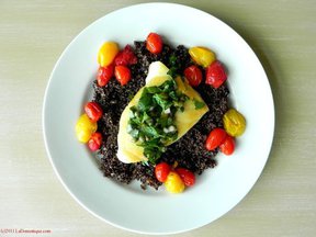 Sea Bass with Salsa Verde, Sauteed Cherry Tomatoes, and Black Quinoa