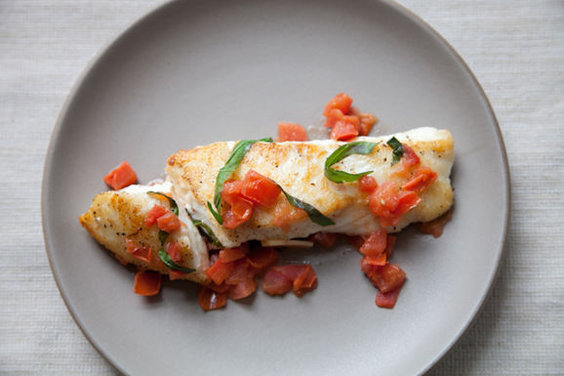 Halibut w/ basil, garlic, and tomato