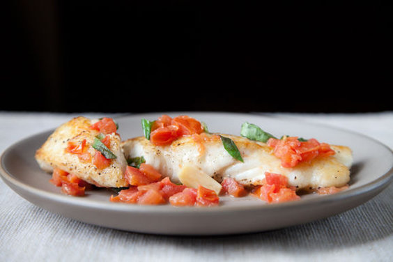 Halibut w/ basil, garlic, and tomato