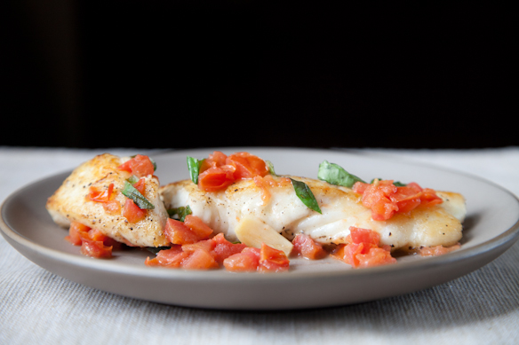 Halibut w/ basil, garlic, and tomato