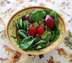 Arugula and Spinach with Pears, Red Walnuts + Pear Dressing