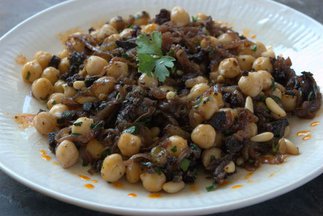 Chickpeas with Blood Sausage, Pine Nuts, & Raisins