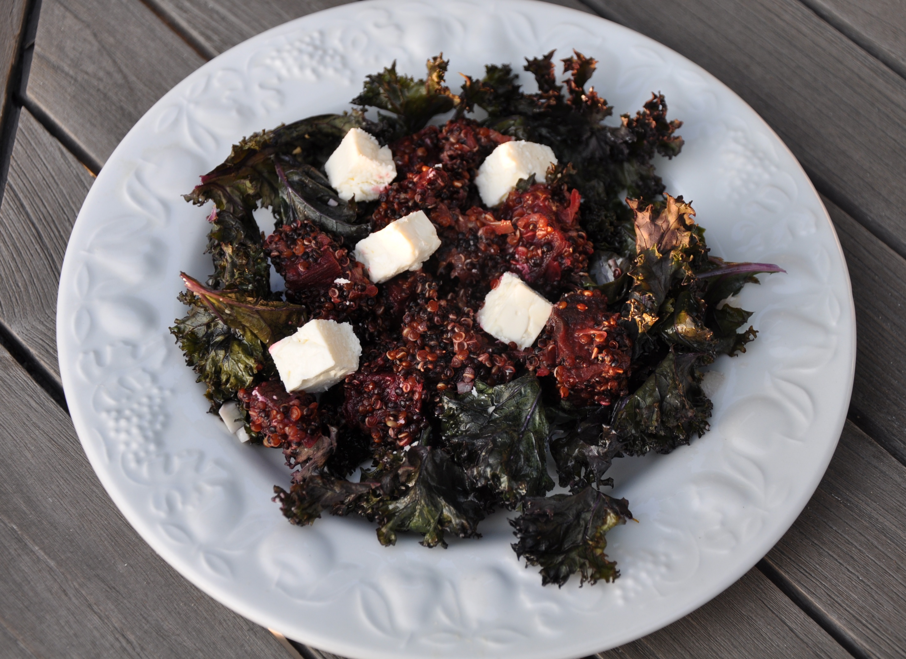 Warm Red and Black Quinoa Salad with Roasted Kale and Beets