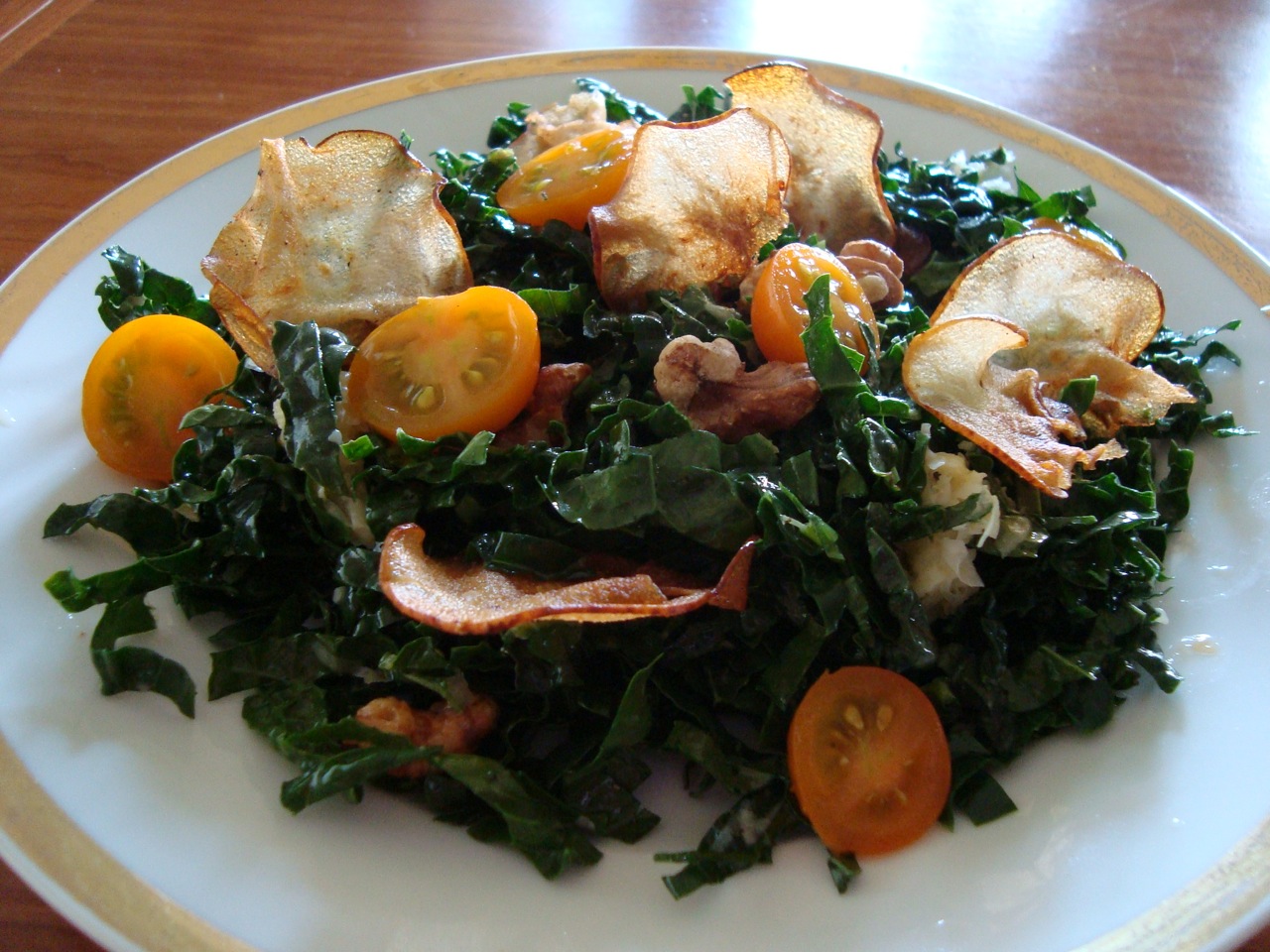 Kale Salad with Fried Pear Chips and Toasted Walnuts