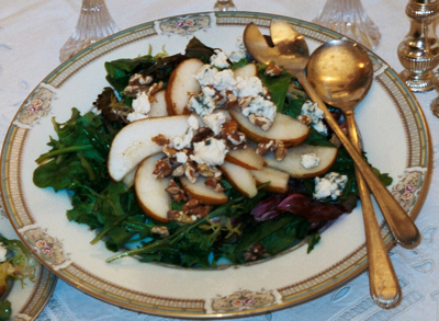 Caramelized Pear Salad with Toasted Walnuts on Mixed Young Greens