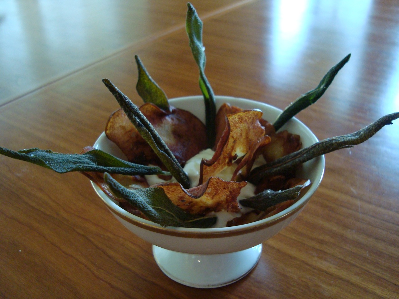 Fried Sage Leaves and Pear Chips in a Gorgonzola Yogurt Dip