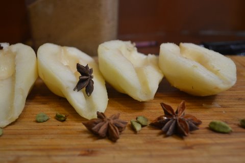 Rice crepes stuffed with spiced poached pears (stuffed aapams)