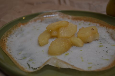 Rice crepes stuffed with spiced poached pears (stuffed aapams)
