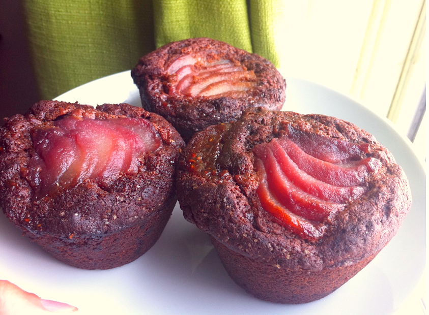 Poached Pear Chocolate Muffins with a Raspberry Swirl