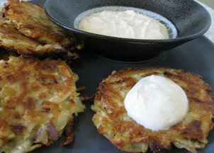 Celeriac and Potato Latkes with Apricot-Ginger Yogurt Sauce