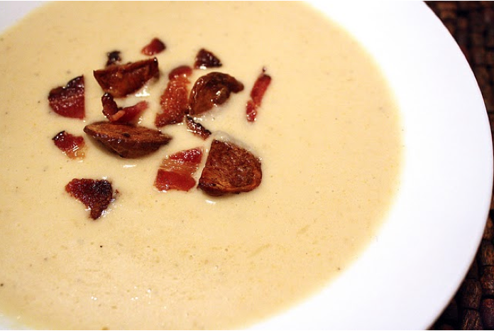 Creamy Roasted Parsnip-Carrot Soup with Crispy Bacon and Potatoes
