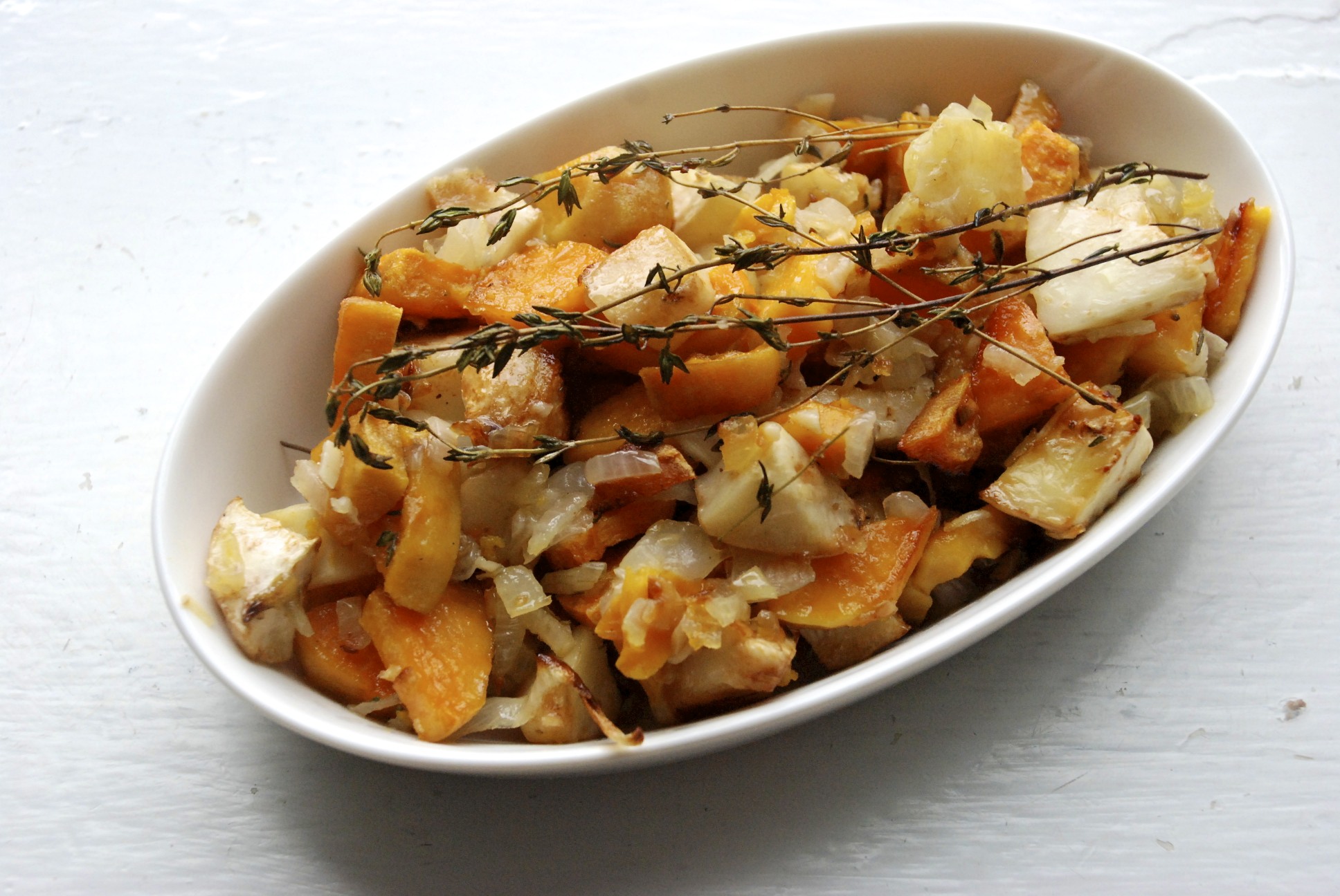 Thyme and Duck Roasted Sweet Potatoes and Celery Root