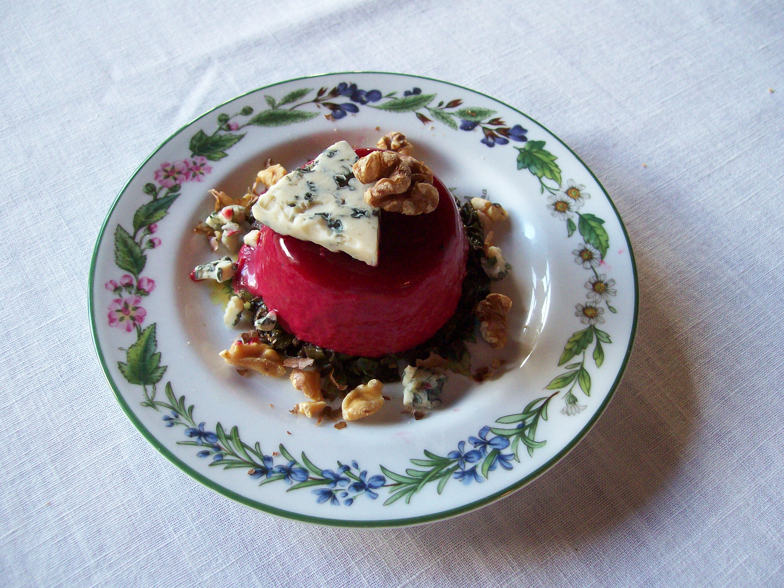 Beet Panna Cotta with Beet Greens in Vinaigrette, Gorgonzola, and Roasted Walnuts