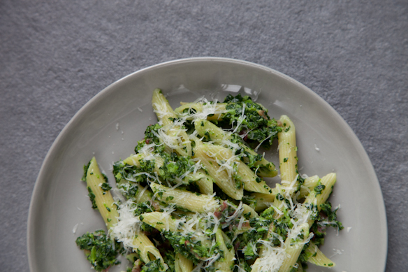 Penne with Creamed Greens and Pancetta