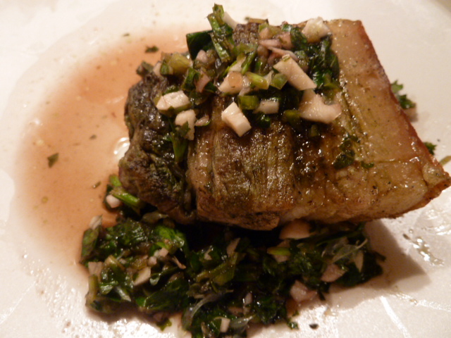 Matcha roasted pork belly with chimichurri sauce