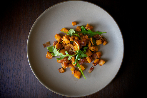 sweet potatoes, arugula, bacon