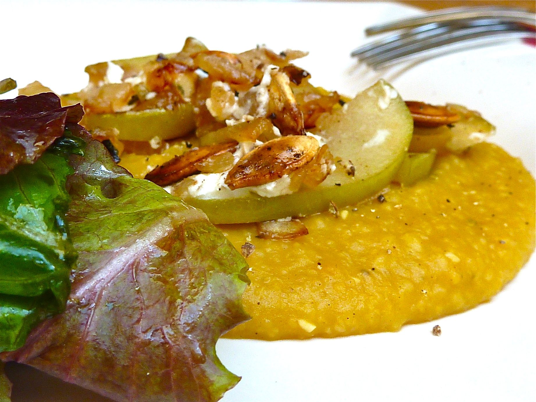Creamy Pumpkin Polenta with Apple and Feta Crumble