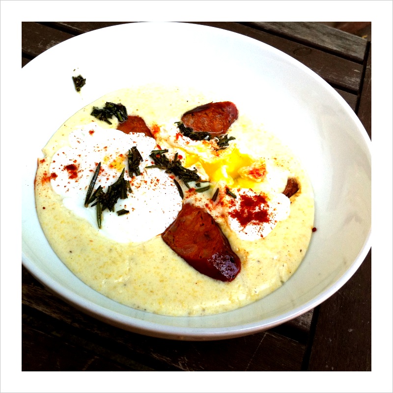 Breakfast Polenta with Linguica (or Pancetta) and Fried Rosemary