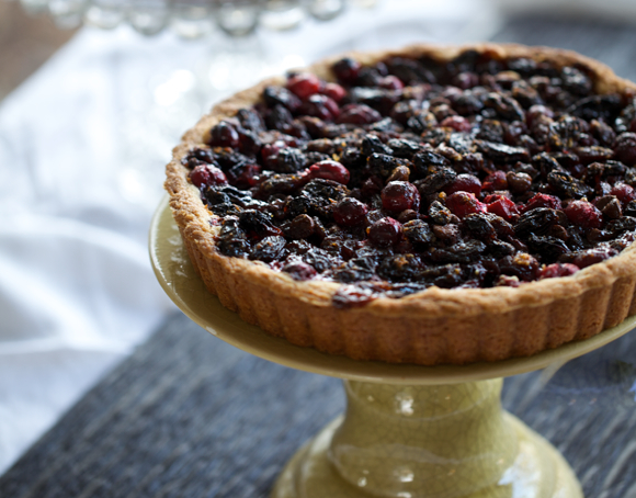 Cranberry Tart with Cognac-soaked Raisins, Tangerine Zest, and Dark Chocolate
