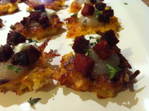 Potato Pancakes with Crispy Chorizo, Pear, and Cream
