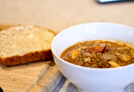 Spanish Lentil Soup with Sausages and Apples