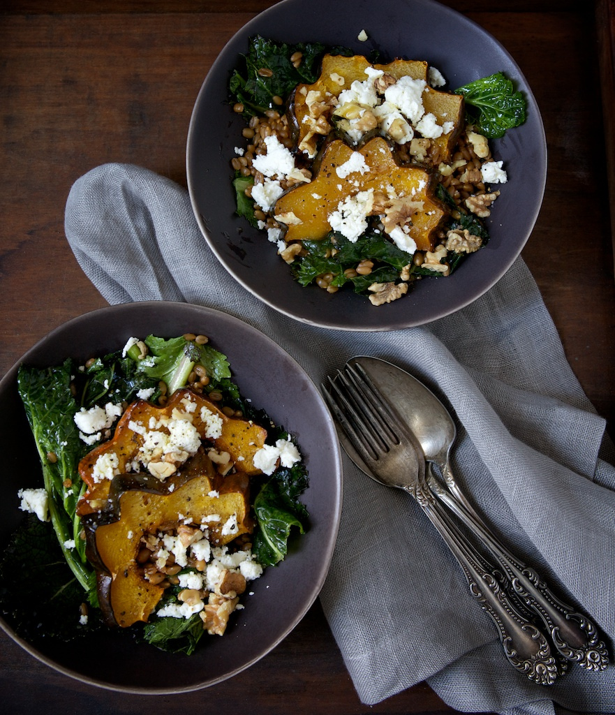 Warm Farro & Mustard Green Salad with Maple Roasted Acorn Squash, Feta & Walnuts