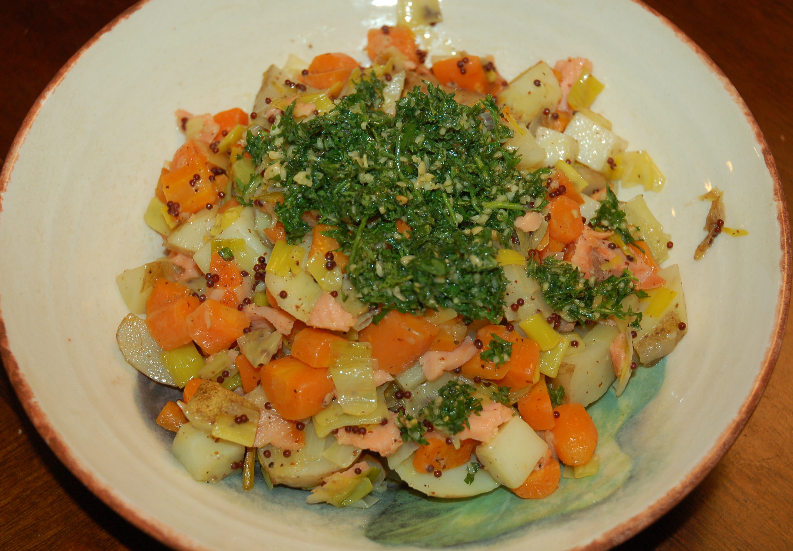 Root Veggie Hash with Mustards, Smoked Salmon and Carrot Top Pesto