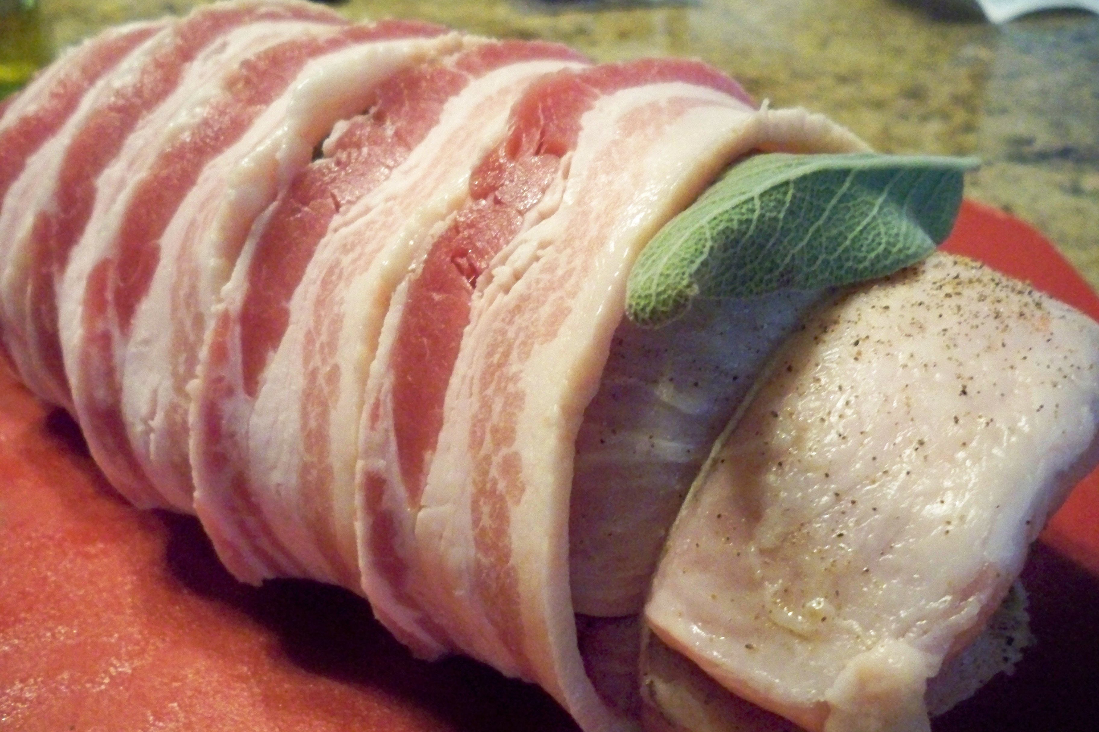 Bacon Wrapped Pork Loin Stuffed with Walnuts and Rice