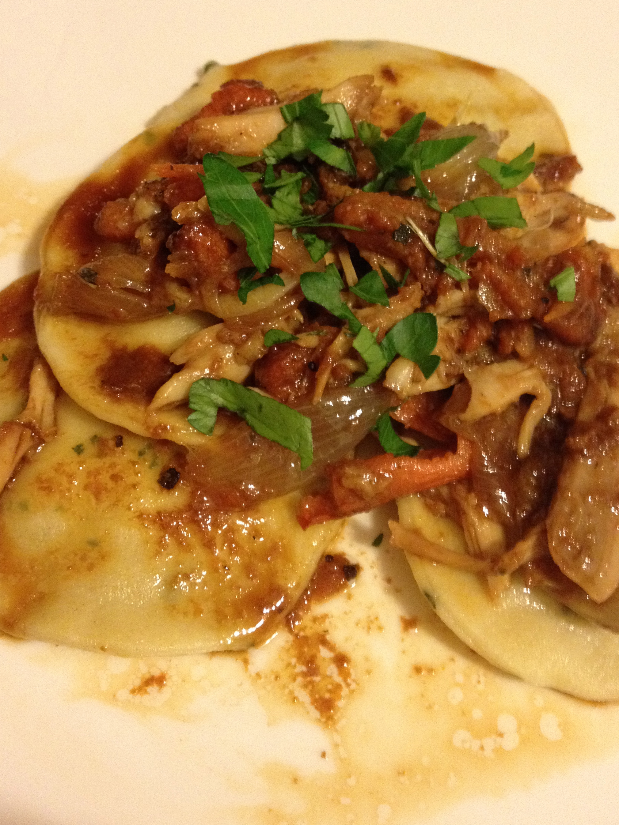 Homemade Sage Ravioli With Ricotta,Walnut and Shredded  Herbed Duck Sauce