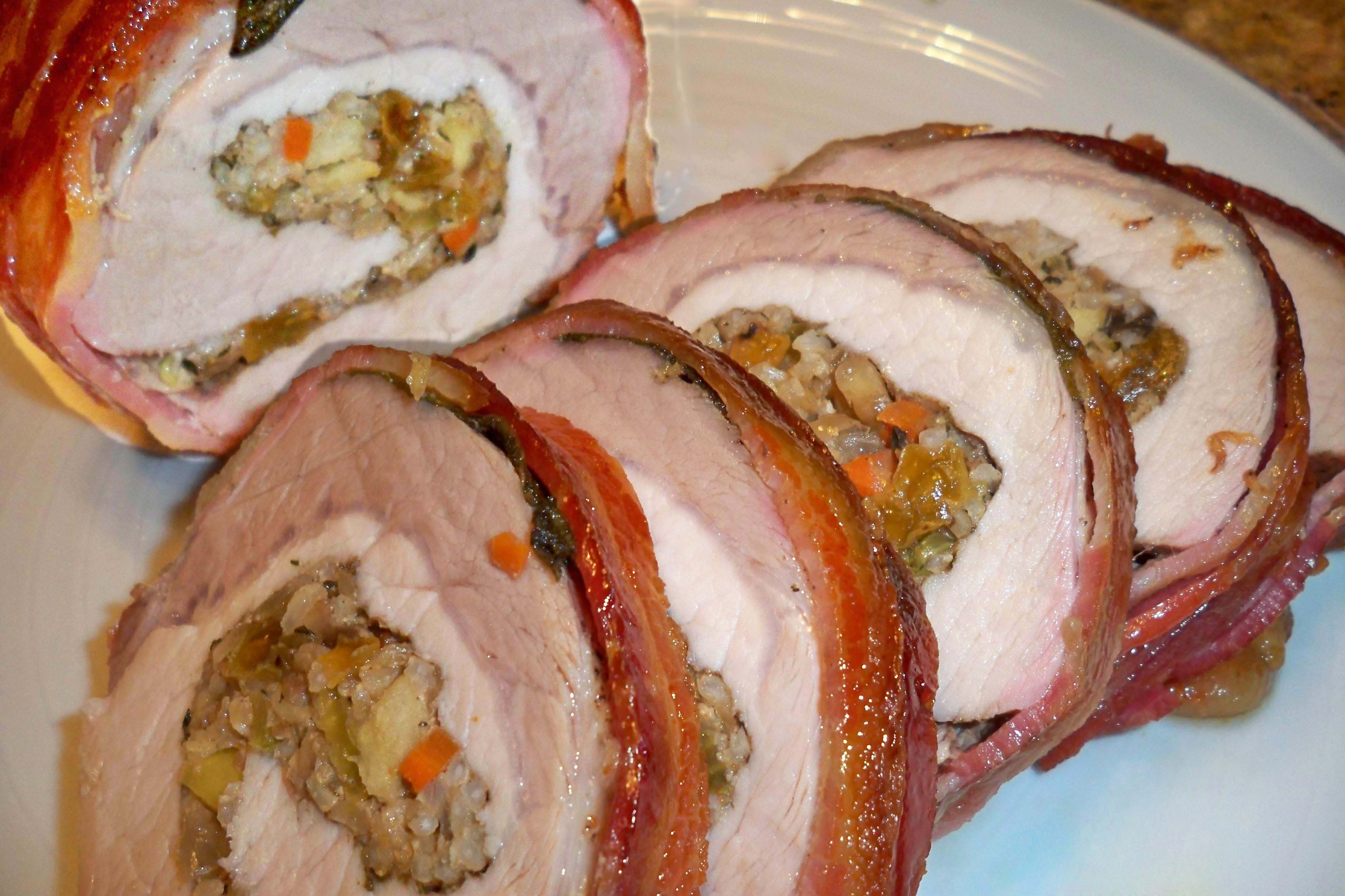 Bacon Wrapped Pork Loin Stuffed with Walnuts and Rice
