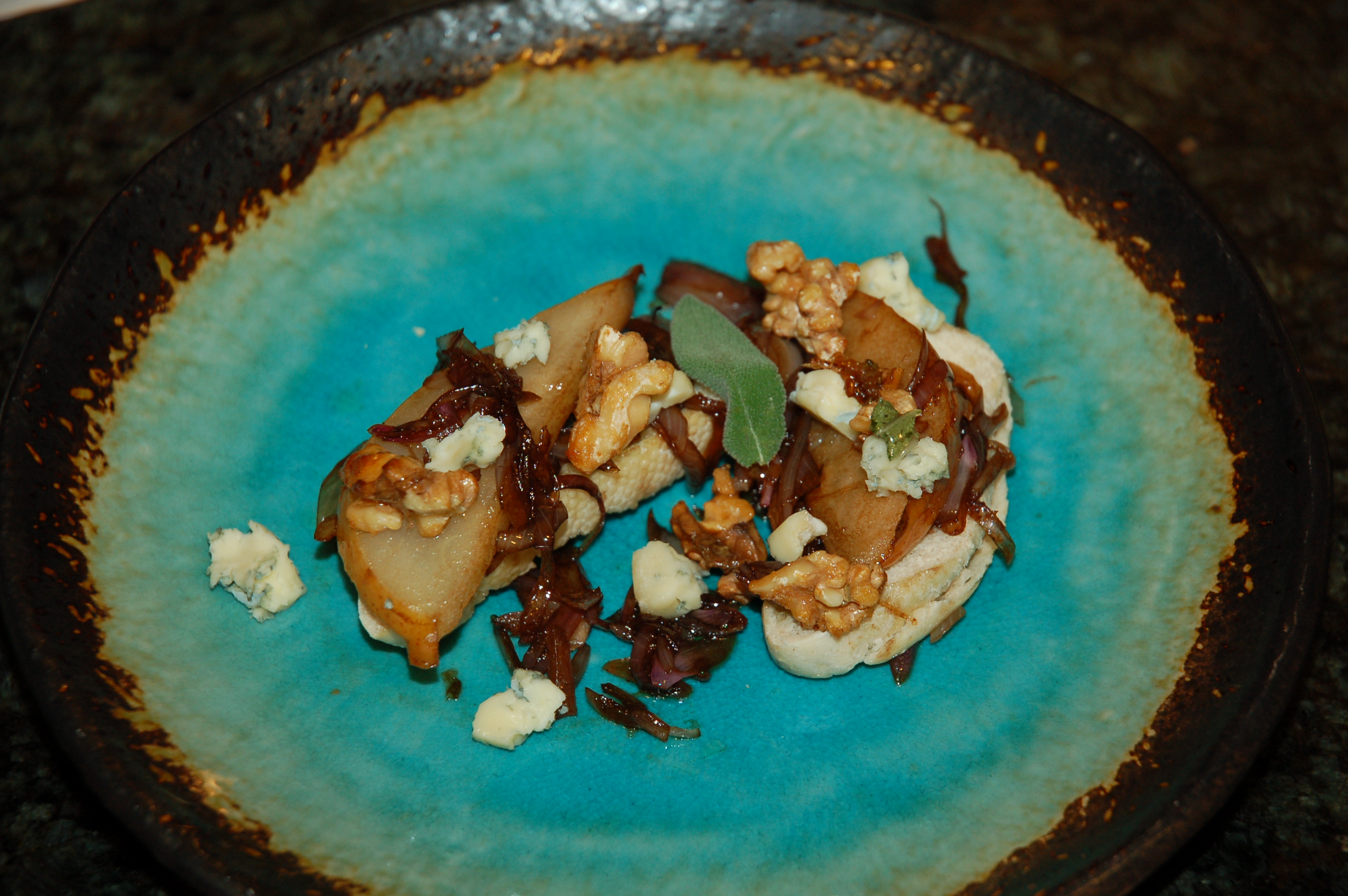Sage, Pear, Walnut, Honey, Caramelized Shallot & Blue Crostini