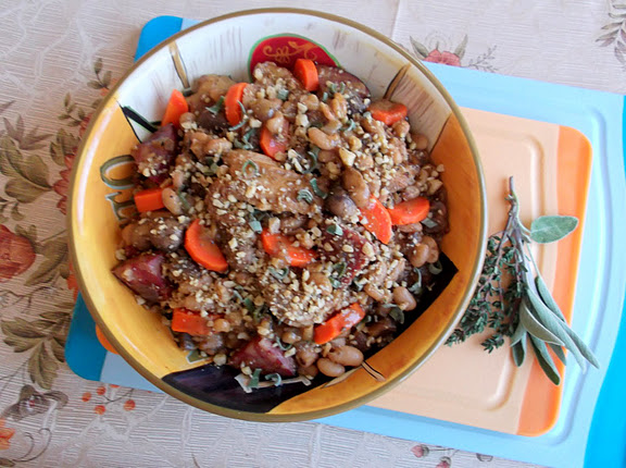 One Pot Chicken Stew with Mushrooms, Beans, Walnut and Sage