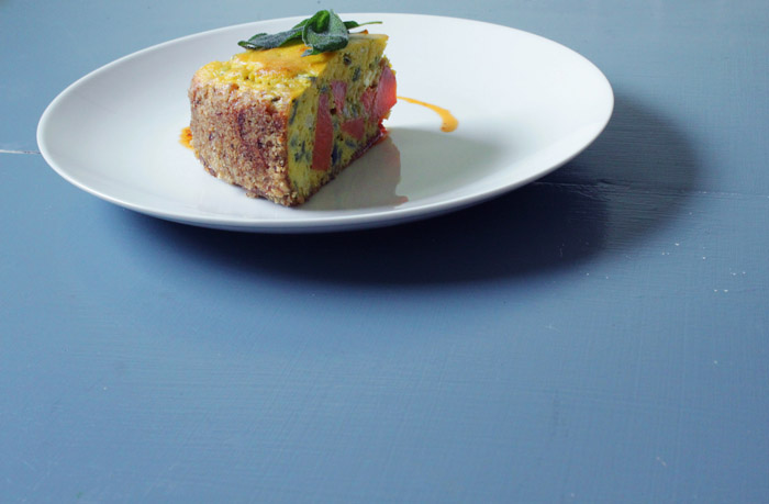 Walnut Crusted Savory Cake with Garnet Yams, Stilton, and Sage