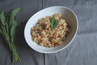 Creamy Risotto with Pancetta, Crisp Sage, and Walnuts