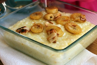 Coconut and Saffron Tapicoa Pudding with Fried Bananas and Almonds