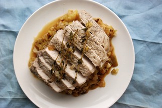Pork Loin with Cider-Braised Leeks and Apples