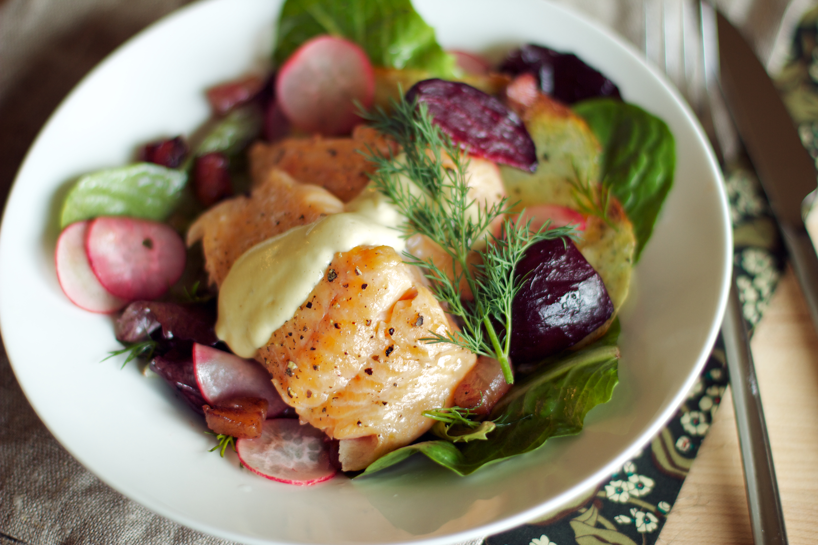 Warm Steelhead and Roasted Beet Salad with Crispy Potatoes