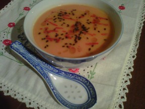 "Sesame Three Ways" Sweet Potato and Carrot Soup