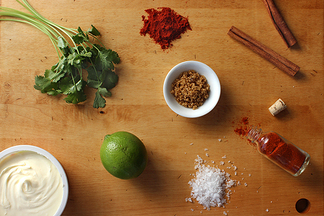 Coffee-Baked Sweet Potatoes with Chili Spice, Crème Fraîche, Lime & Cilantro