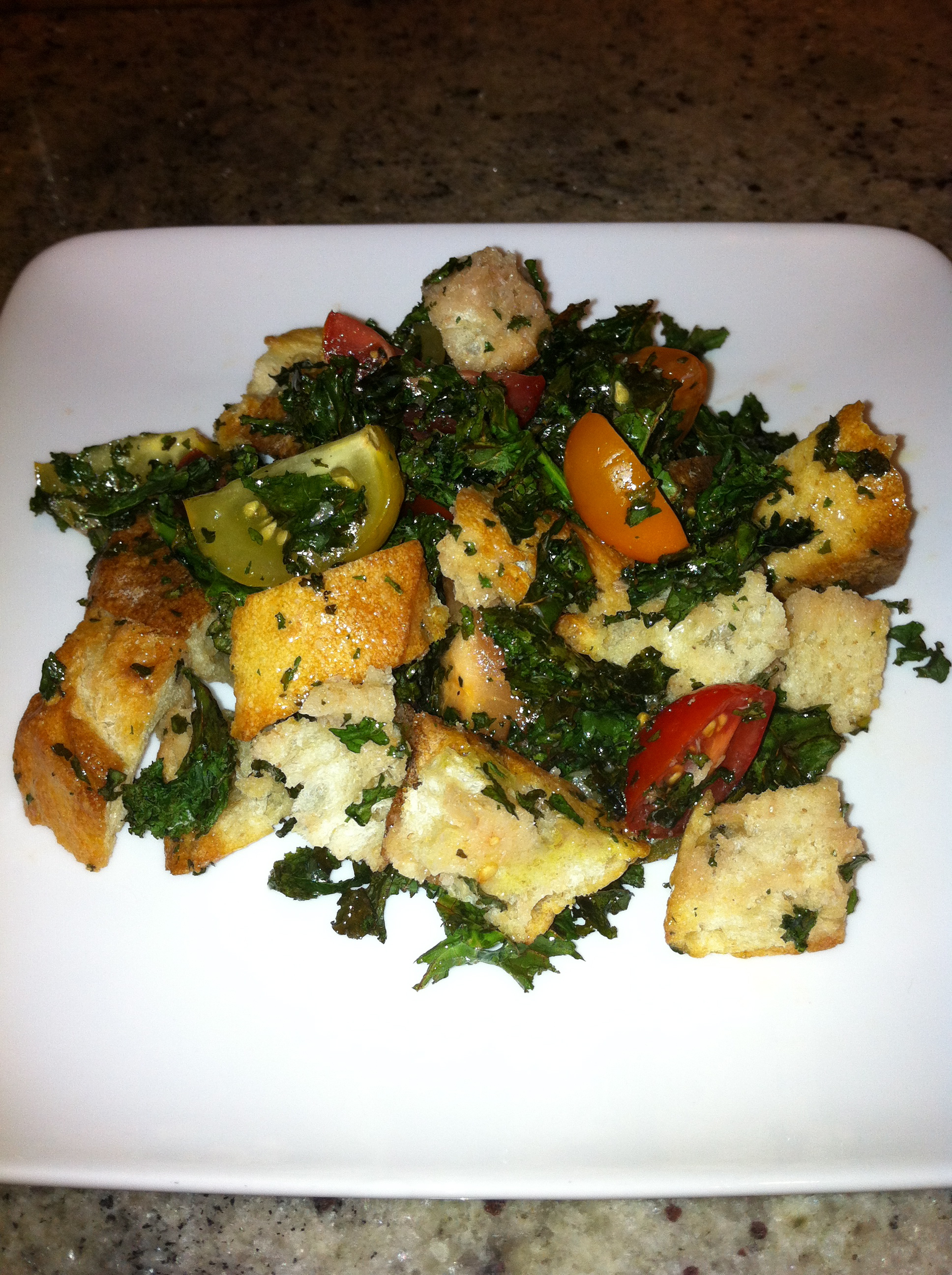 Toasted Kale Panzanella with Roasted Garlic Vinagrette