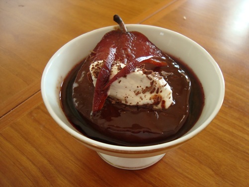 Chocolate Covered Pears Poached in Mulled Wine