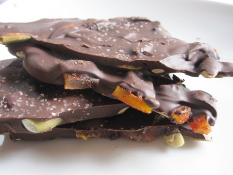 Dark Chocolate Bark with Chile-Spiced Mangos and Pepitas